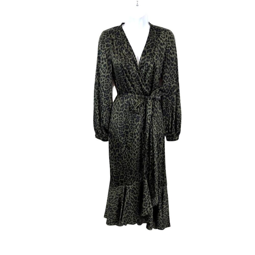 Express Silky Wrap Dress Ruffled‎ Midi Green Leopard S- Old Money